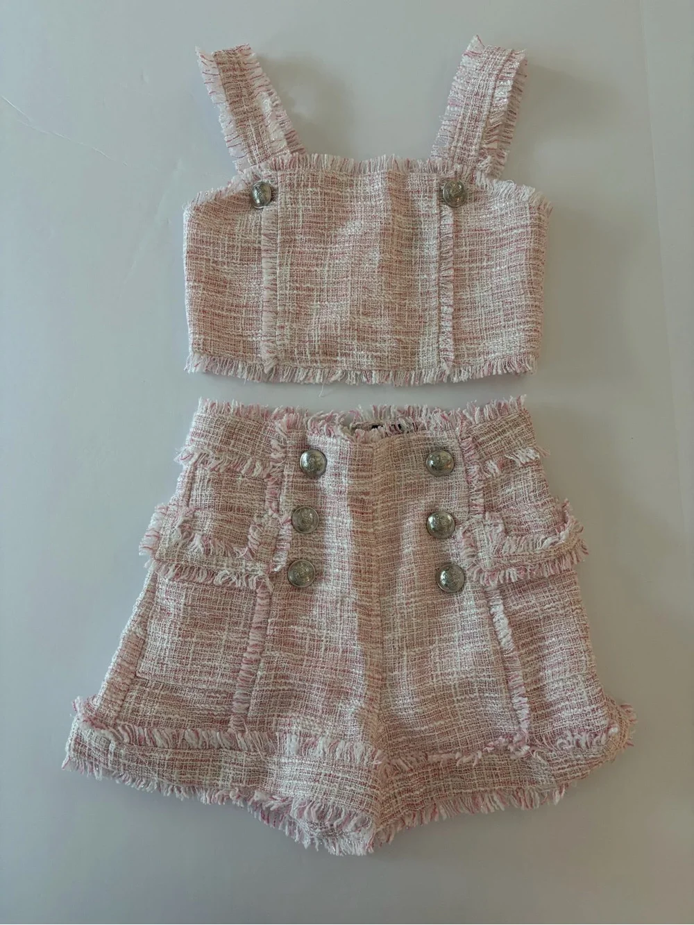 Bardot Junior Gamela Bouclé Set Pink Fringe Tweed Top High Waist Shorts Girls 7